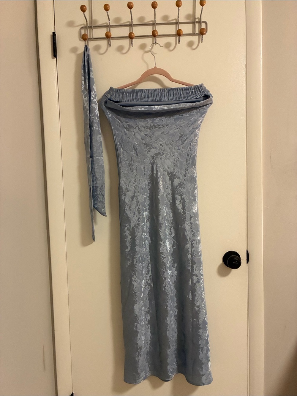 Strapless Floral Light Blue Jacquard Maxi Dress with Side Slit - Picture 2 of 3